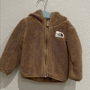 The North Face teddy fuzzy zip up with hood 12-18 months, tan